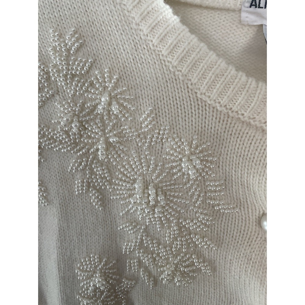 VTG Alfred Dunner Beaded Embellished White/ Cardigan Sweater GrandmaCore Sz Lg - Picture 5 of 6